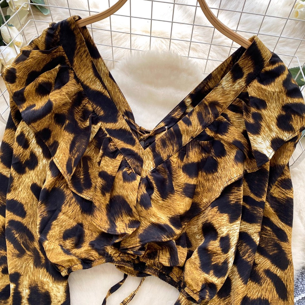 V-neck Leopard Printed Chiffon Shirt