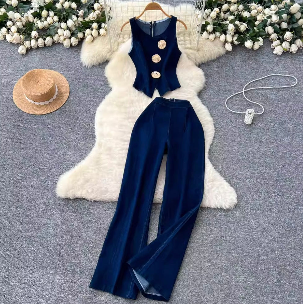 Metal-button Vest & Jeans Denim 2Pcs