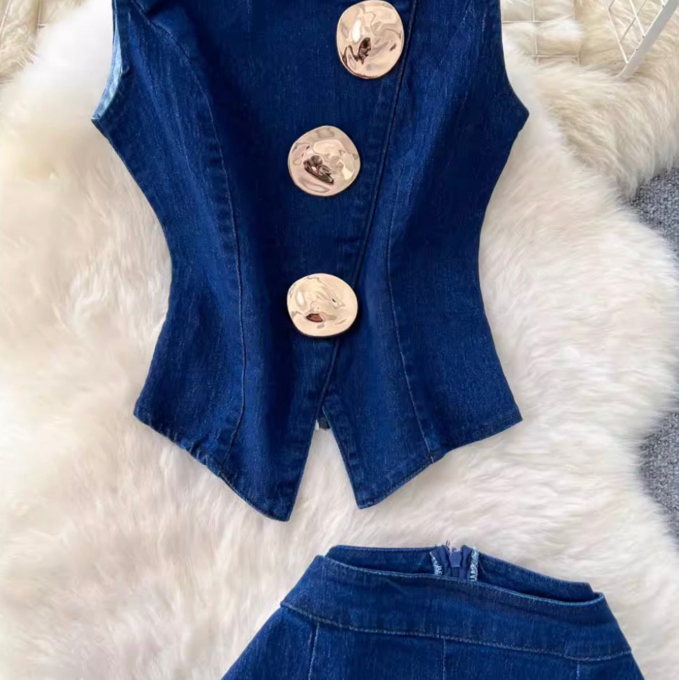 Metal-button Vest & Jeans Denim 2Pcs