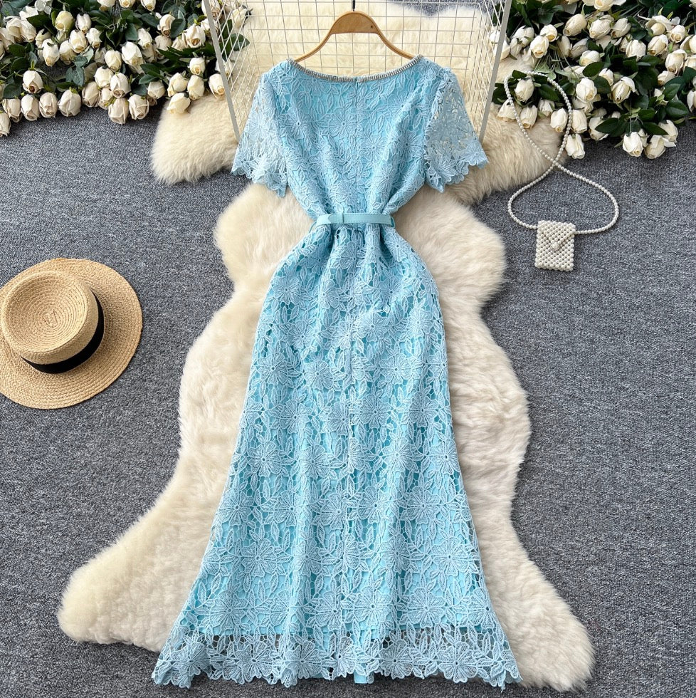 Square Neckline Rhinestone Studded Lace Dress