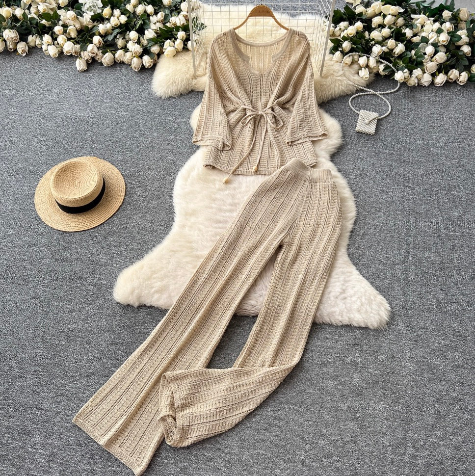 U-neck Knitwear & Trousers Hollowed 2Pcs