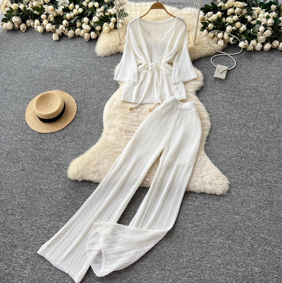 U-neck Knitwear & Trousers Hollowed 2Pcs