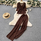 U-neck Knitwear & Trousers Hollowed 2Pcs