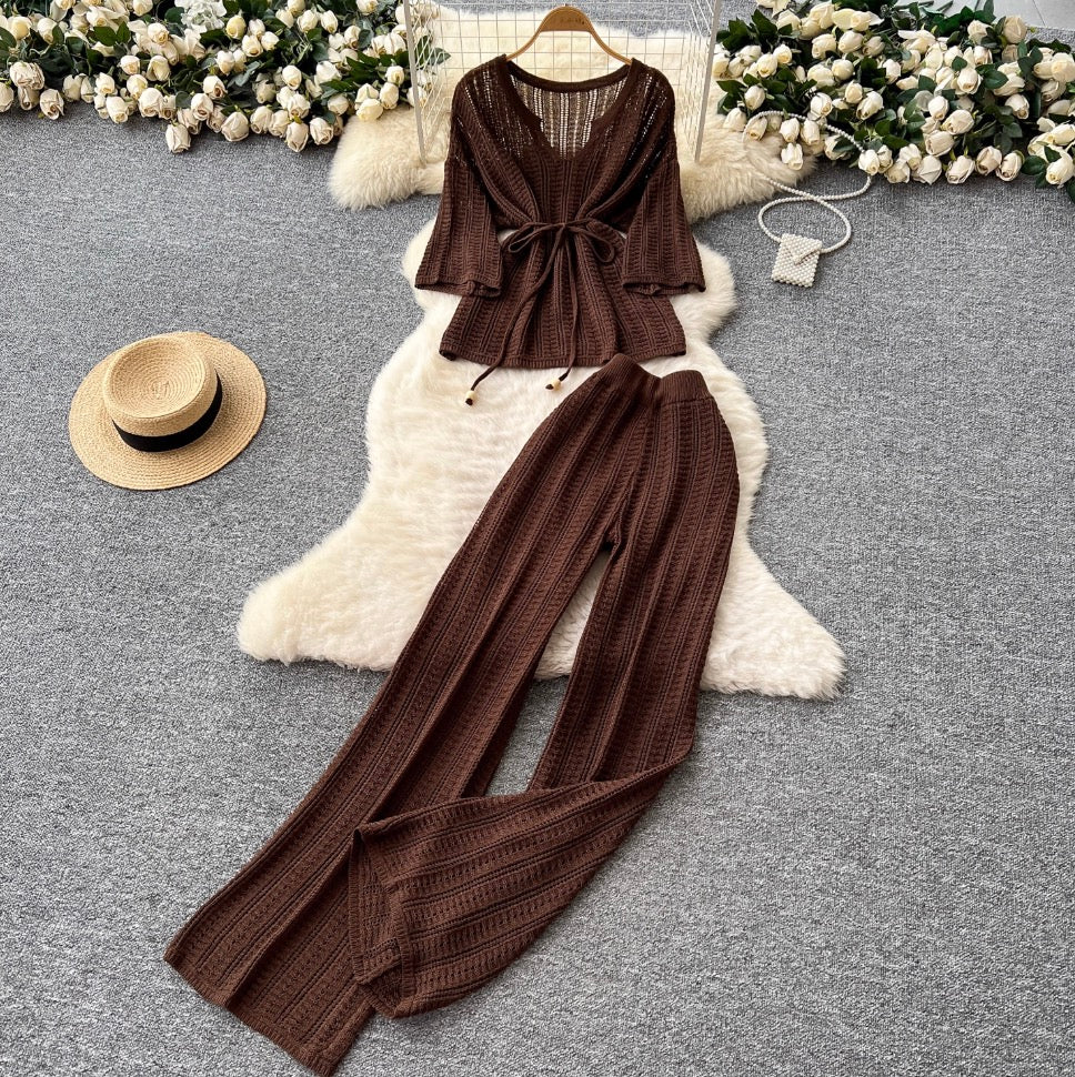 U-neck Knitwear & Trousers Hollowed 2Pcs