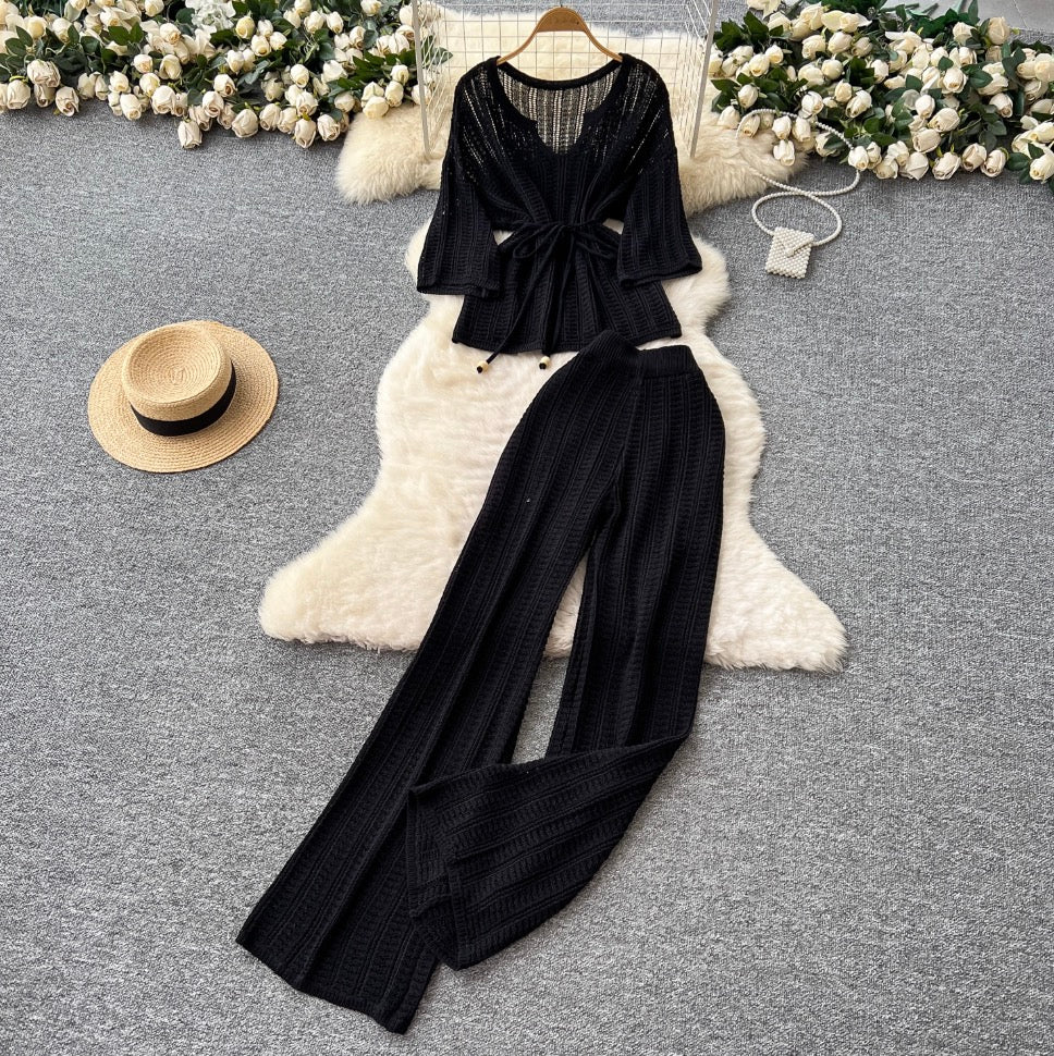U-neck Knitwear & Trousers Hollowed 2Pcs