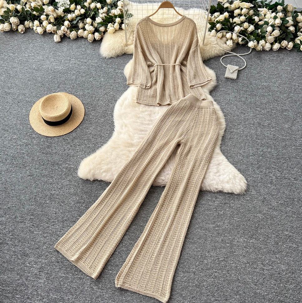 U-neck Knitwear & Trousers Hollowed 2Pcs
