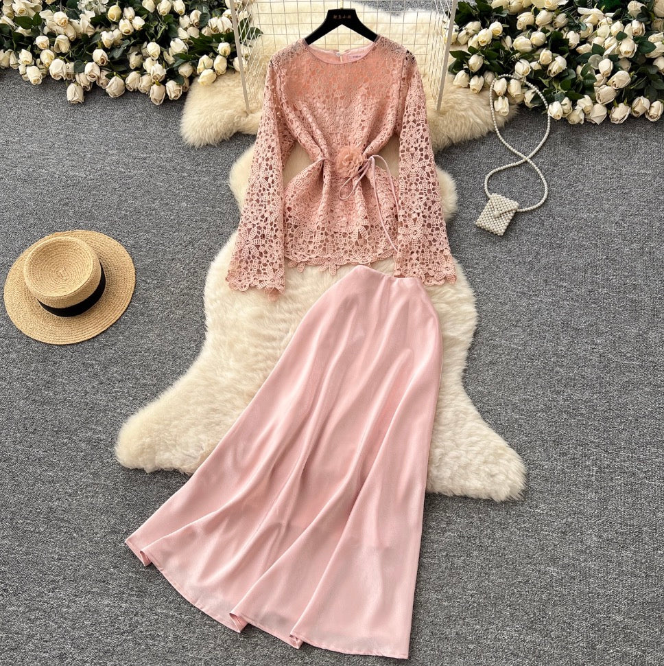 Lace Shirt & Satin Skirt Elegant 2Pcs