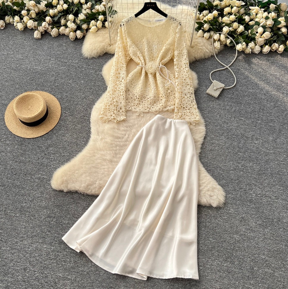 Lace Shirt & Satin Skirt Elegant 2Pcs