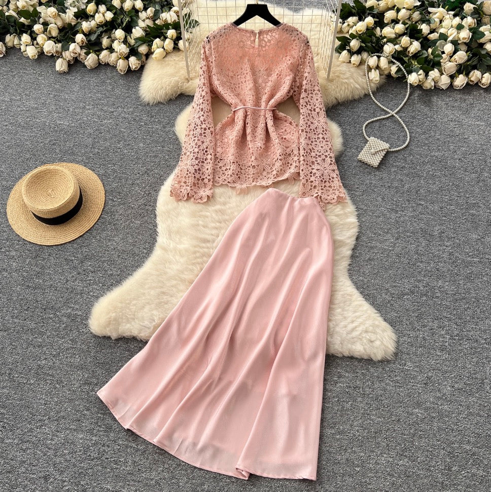 Lace Shirt & Satin Skirt Elegant 2Pcs