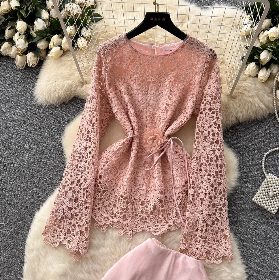 Lace Shirt & Satin Skirt Elegant 2Pcs