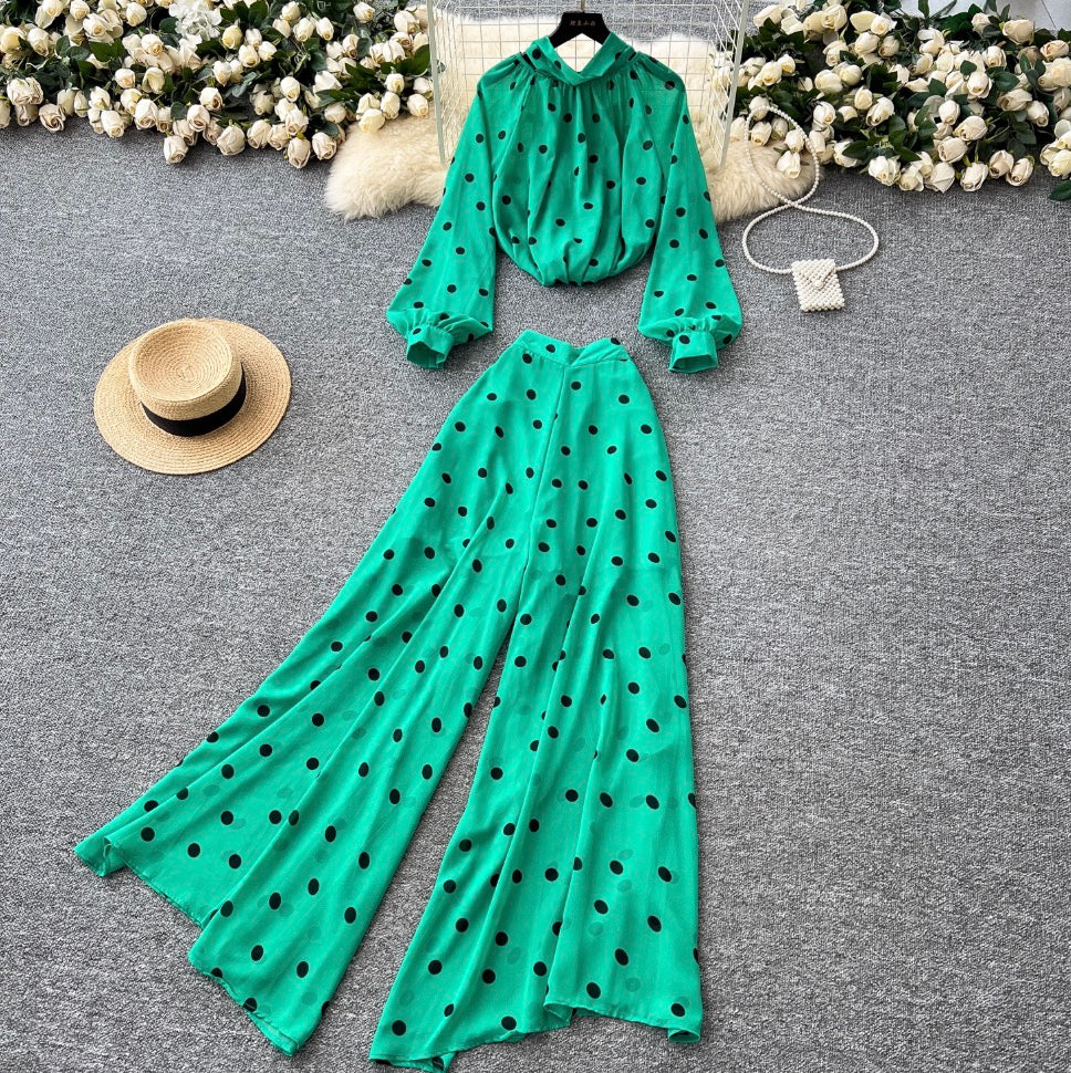 Polka Dot Shirt & Trousers Chiffon 2Pcs