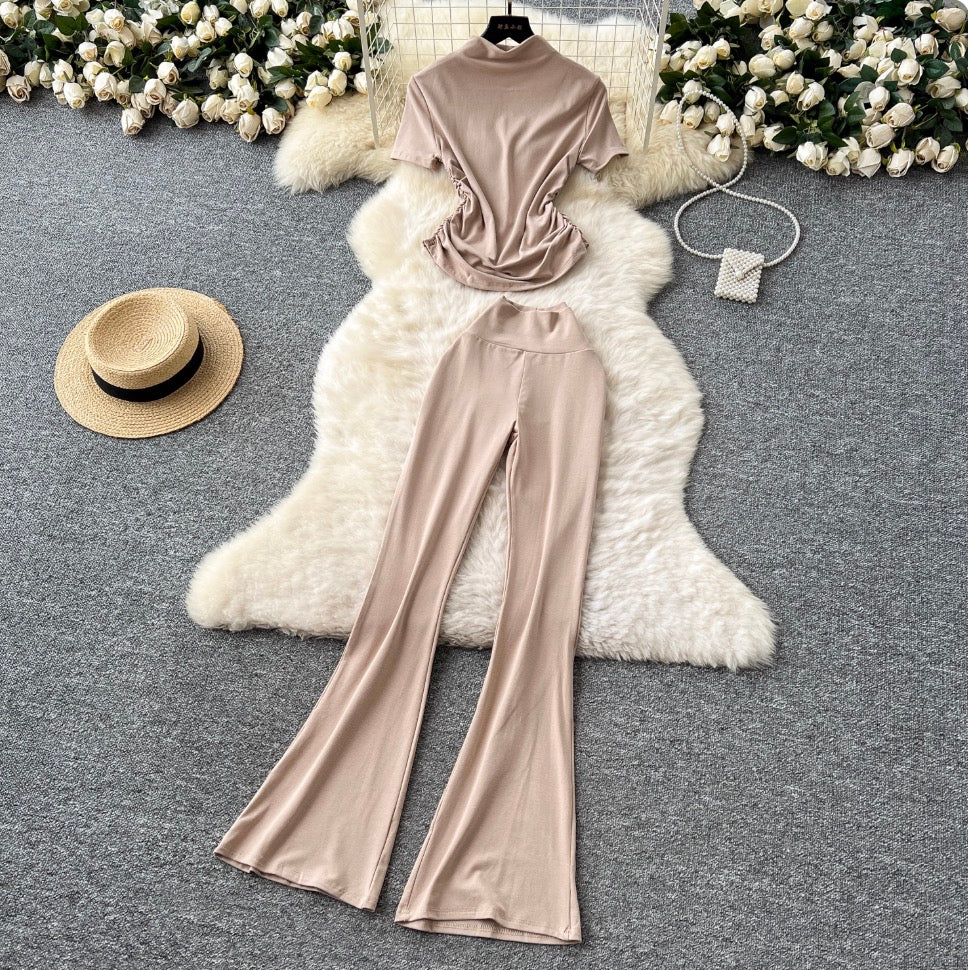 Stand Collar T-shirt & Trousers 2Pcs