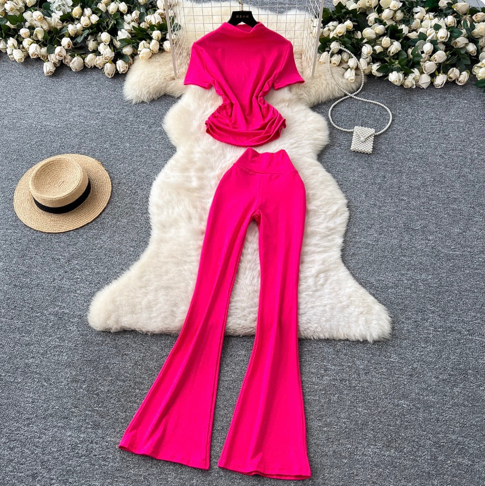 Stand Collar T-shirt & Trousers 2Pcs