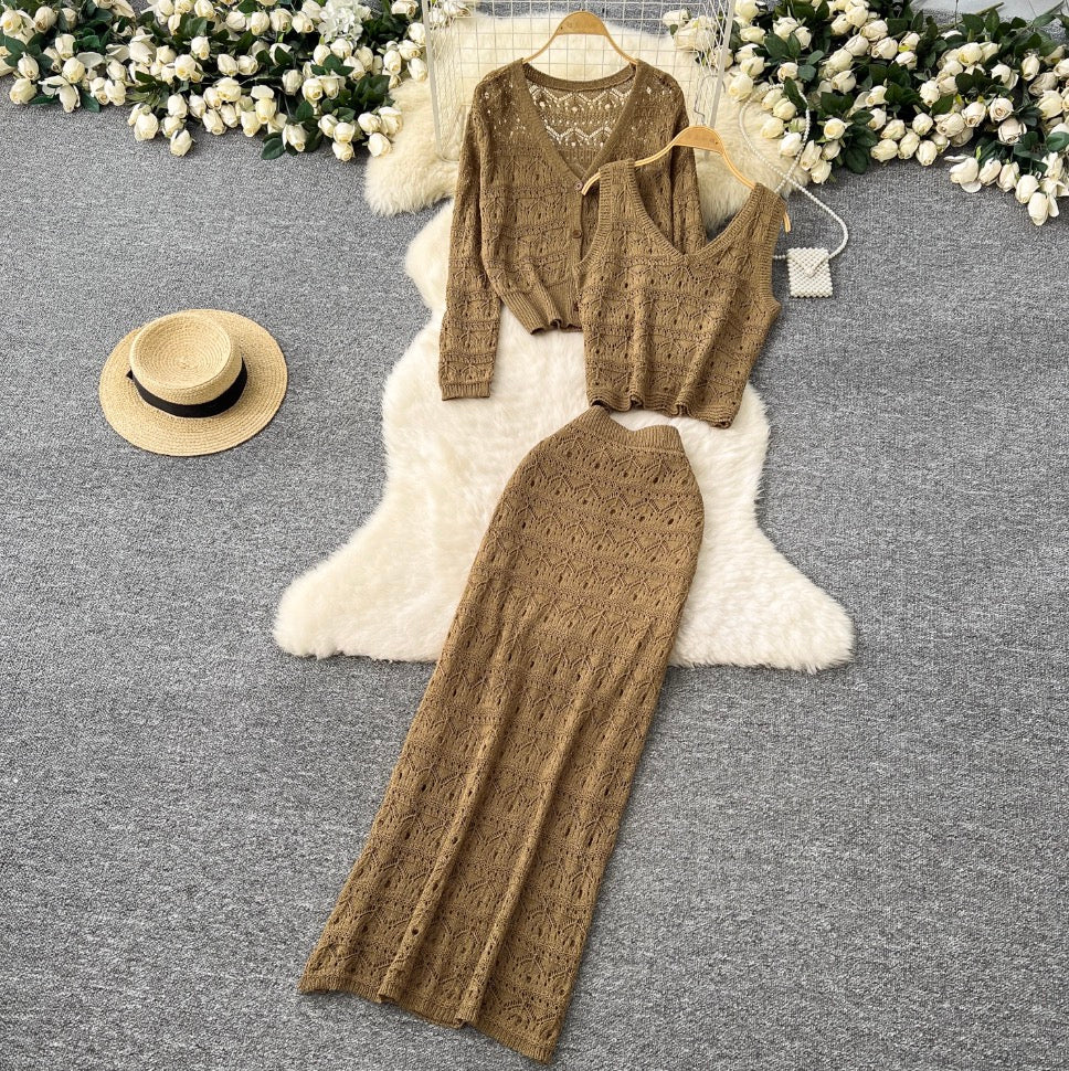 Crochet Cardigan & Vest & Trousers 3Pcs