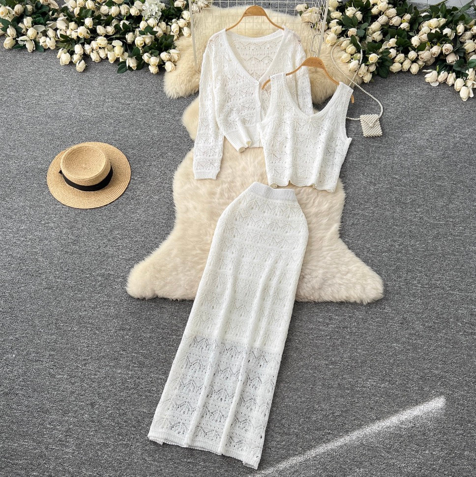 Crochet Cardigan & Vest & Trousers 3Pcs