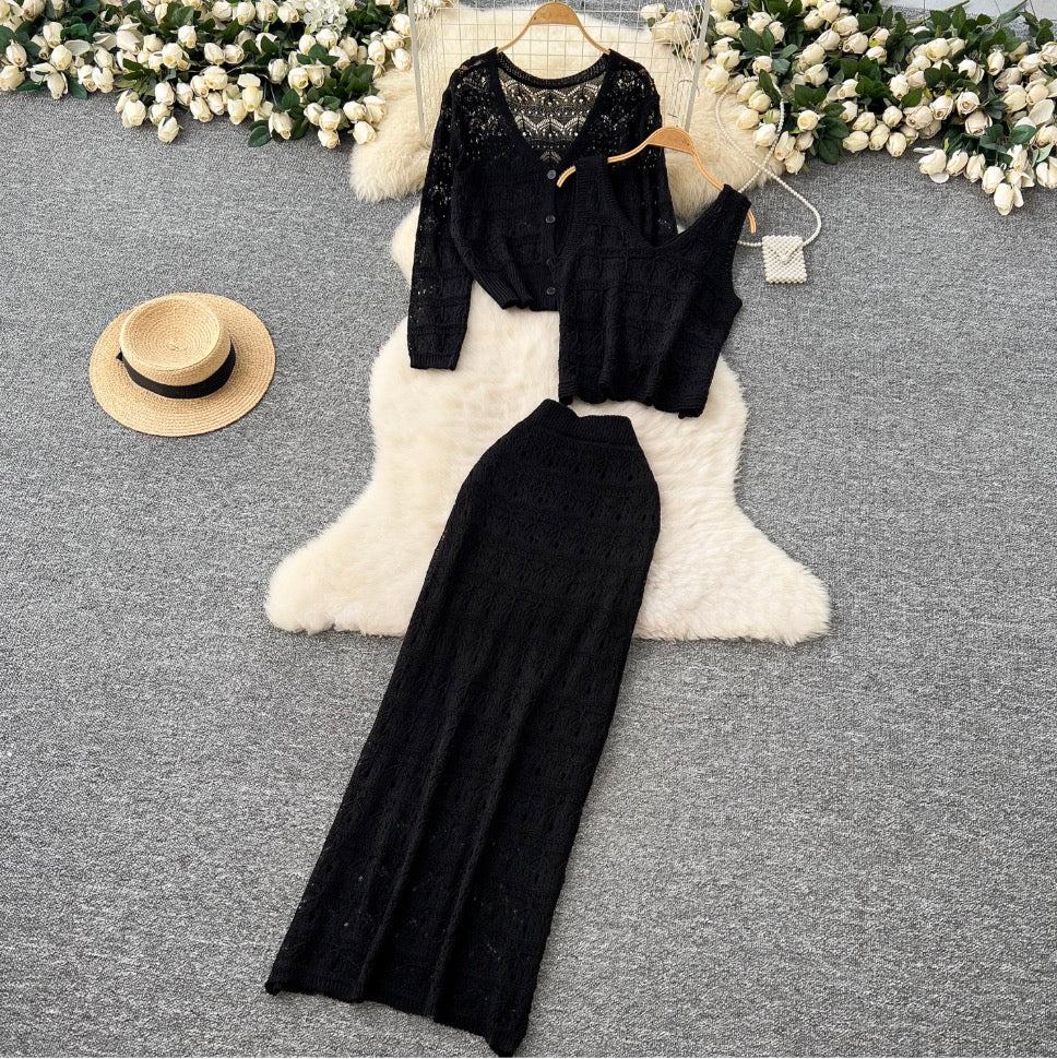 Crochet Cardigan & Vest & Trousers 3Pcs