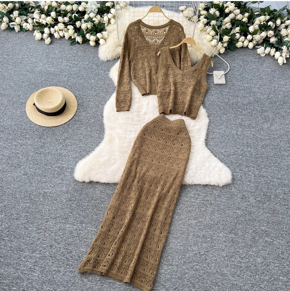 Crochet Cardigan & Vest & Trousers 3Pcs