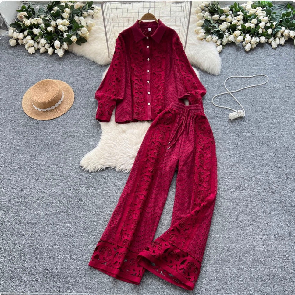 Vintage Hollowed Crochet Shirt & Trousers