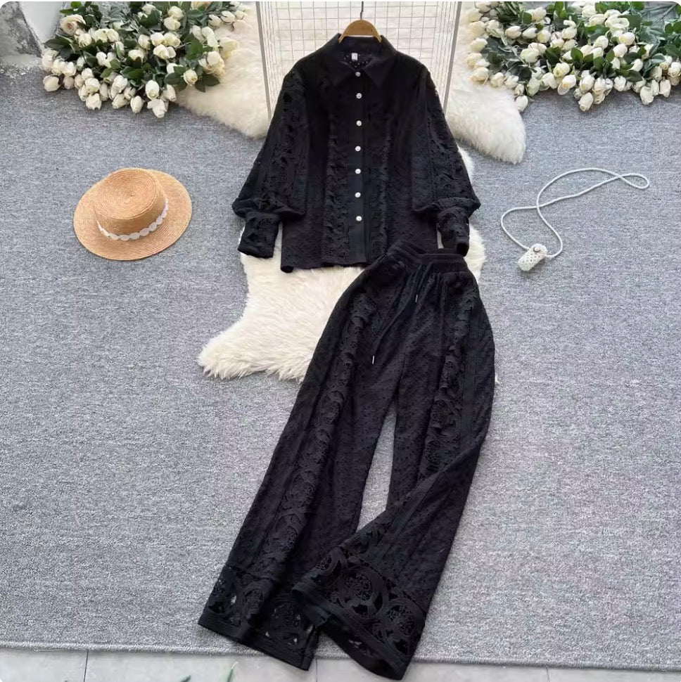 Vintage Hollowed Crochet Shirt & Trousers