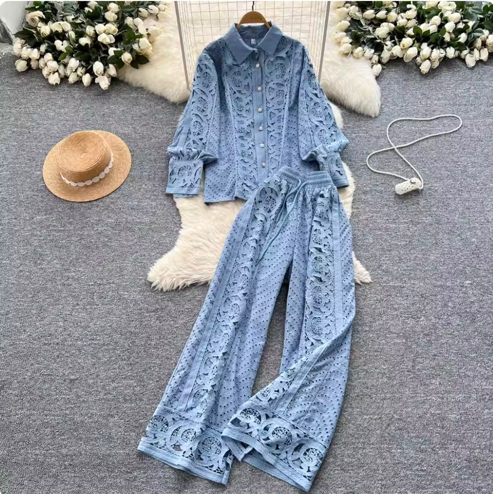 Vintage Hollowed Crochet Shirt & Trousers
