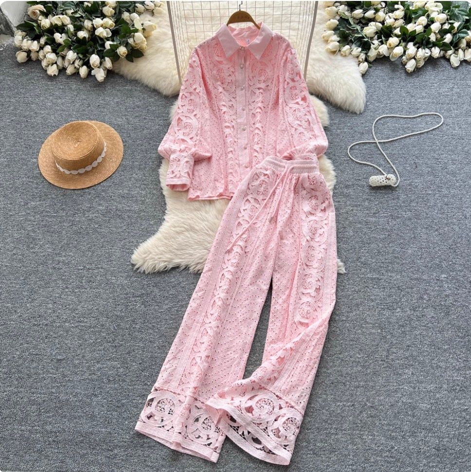 Vintage Hollowed Crochet Shirt & Trousers