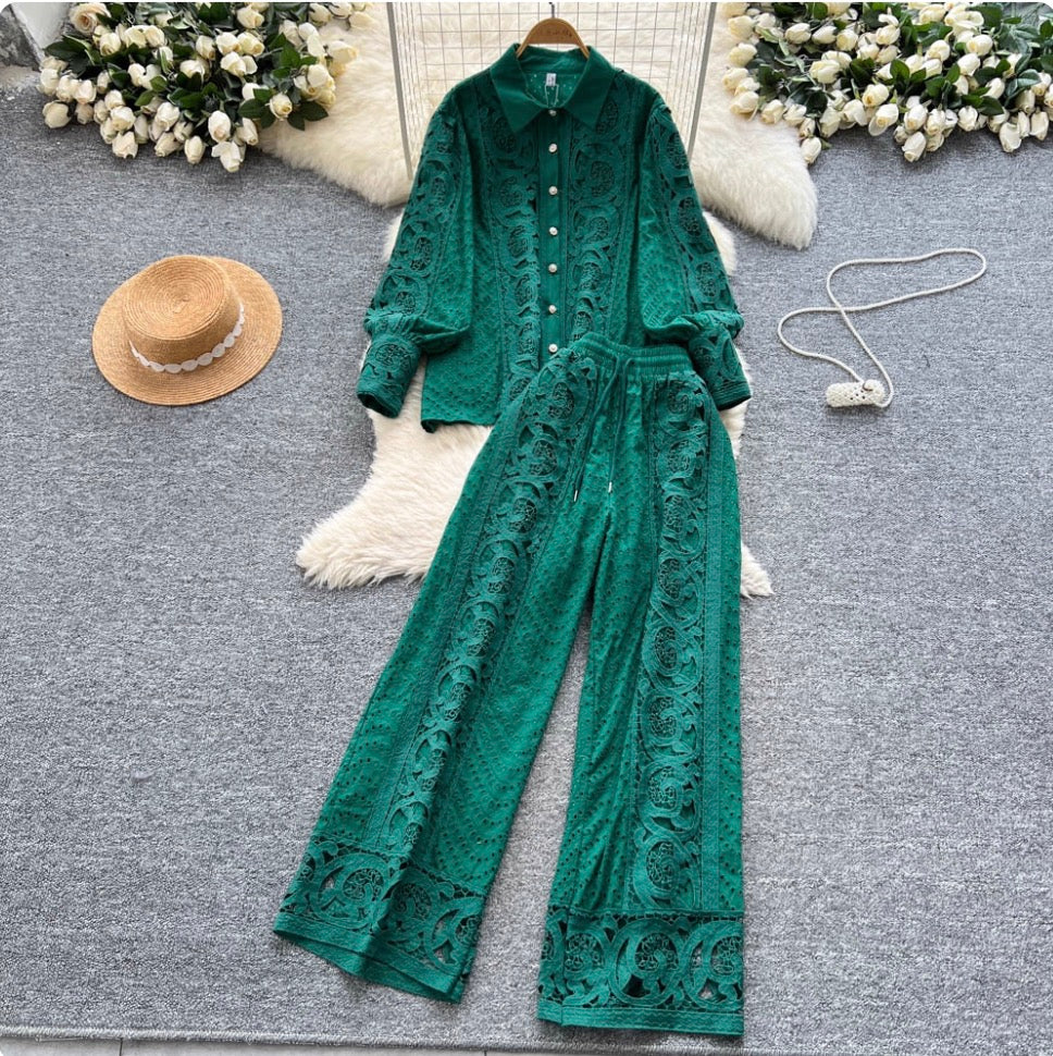 Vintage Hollowed Crochet Shirt & Trousers