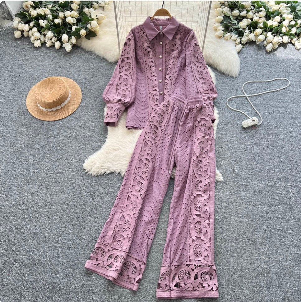 Vintage Hollowed Crochet Shirt & Trousers