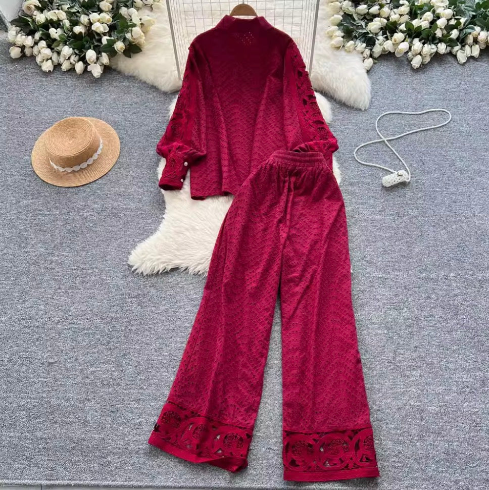 Vintage Hollowed Crochet Shirt & Trousers