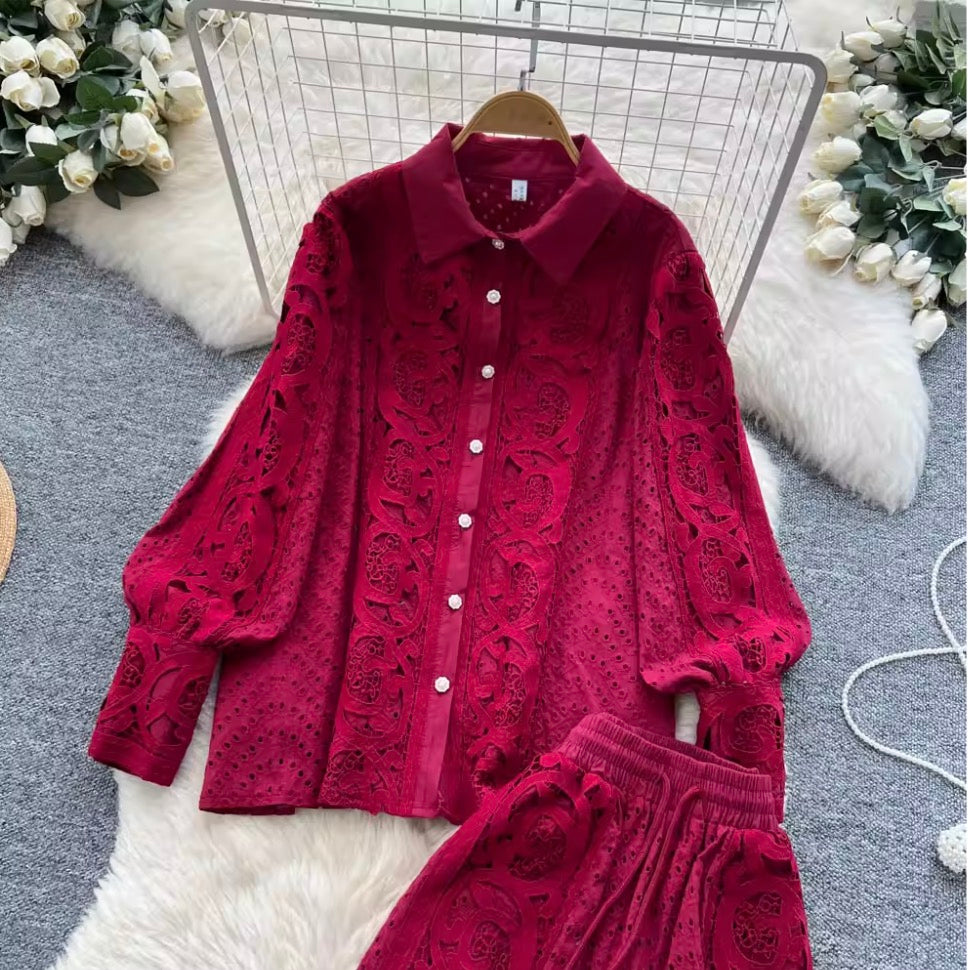 Vintage Hollowed Crochet Shirt & Trousers
