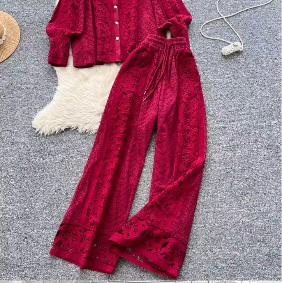 Vintage Hollowed Crochet Shirt & Trousers