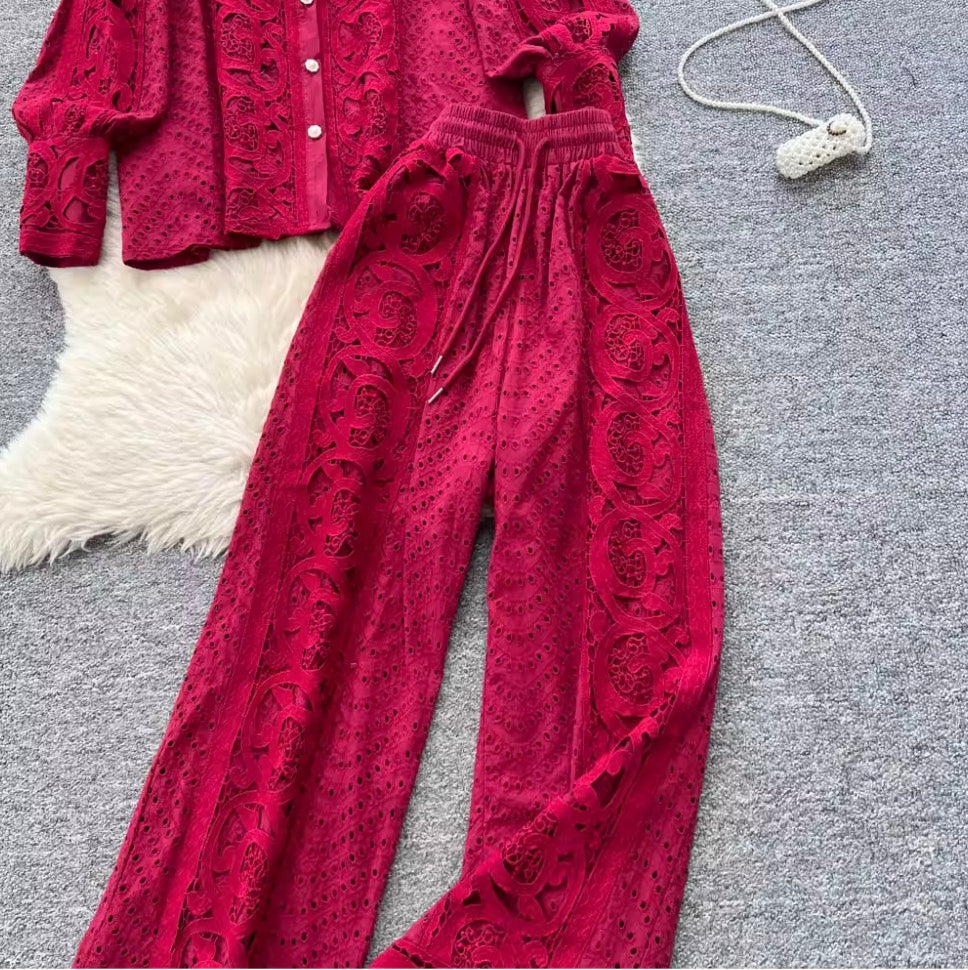 Vintage Hollowed Crochet Shirt & Trousers