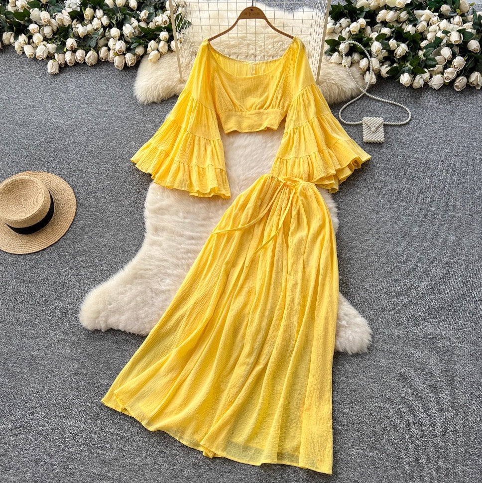 Midriff Baring Top & Skirt Yellow 2Pcs