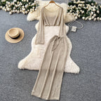 Hollowed Top & Skirt Solid Color 2Pcs
