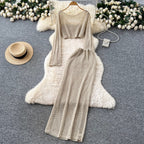 Hollowed Top & Skirt Solid Color 2Pcs