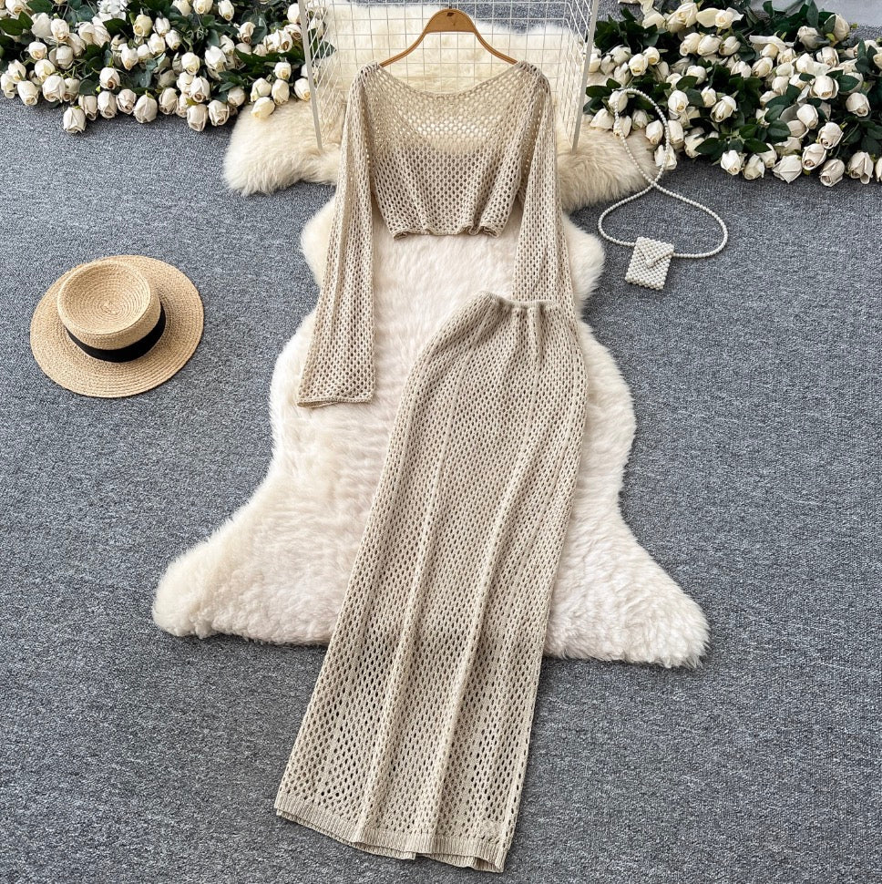 Hollowed Top & Skirt Solid Color 2Pcs