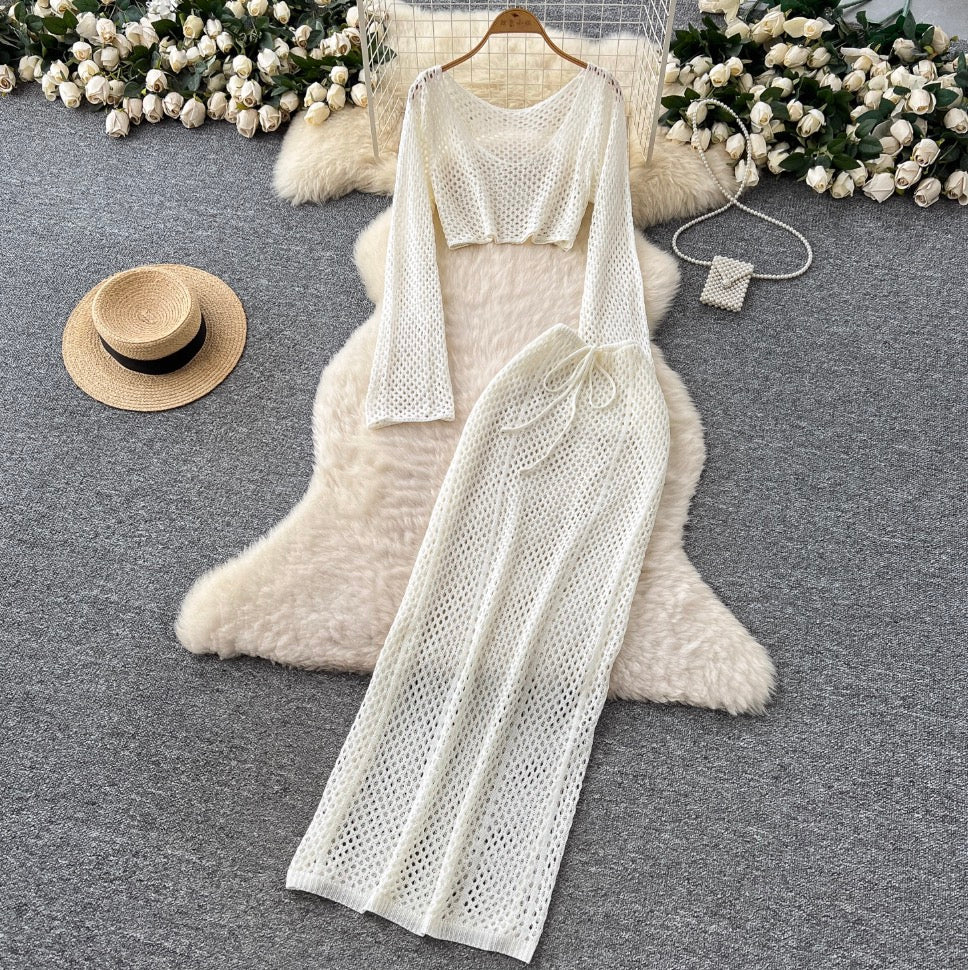 Hollowed Top & Skirt Solid Color 2Pcs