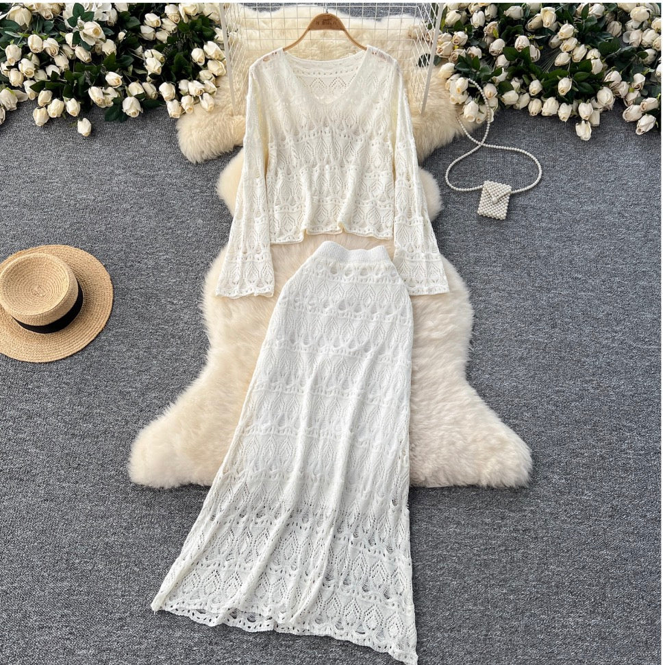 Crochet Knitwear & Half-body Skirt 2Pcs