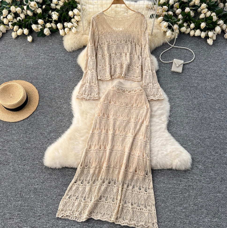 Crochet Knitwear & Half-body Skirt 2Pcs