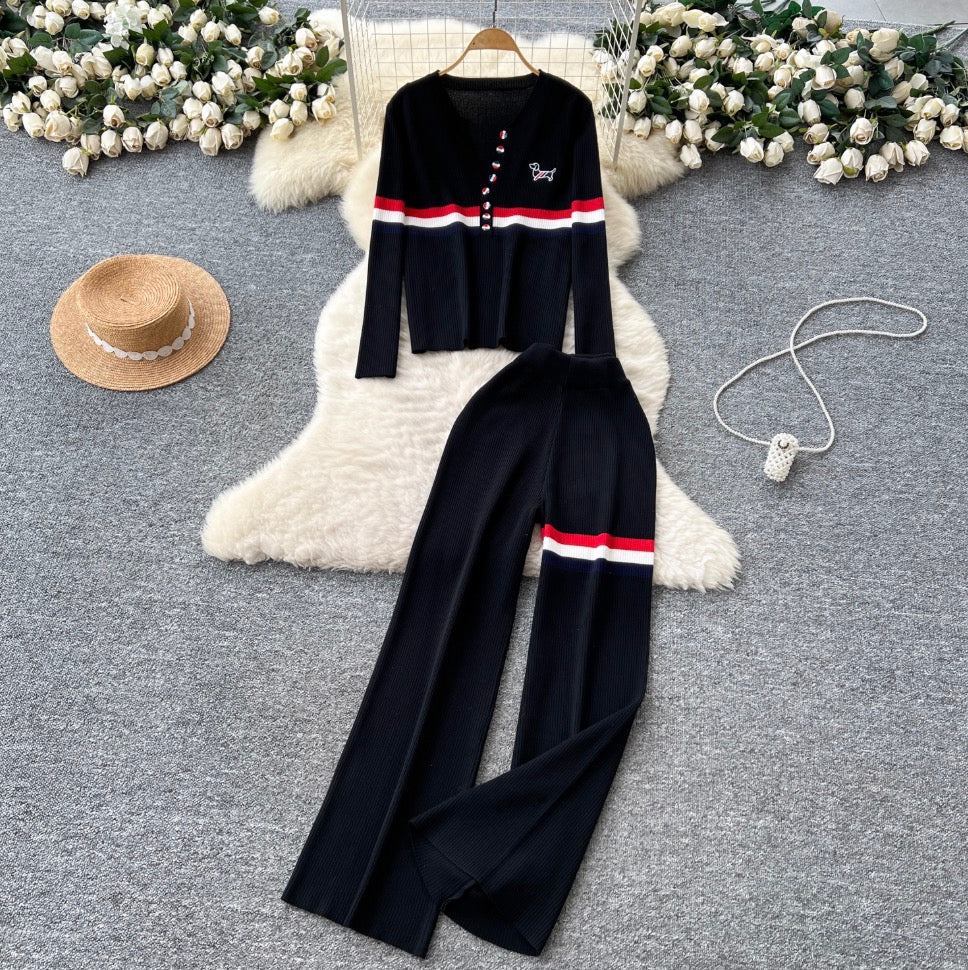 V-neck Cardigan & Trousers Knit 2Pcs