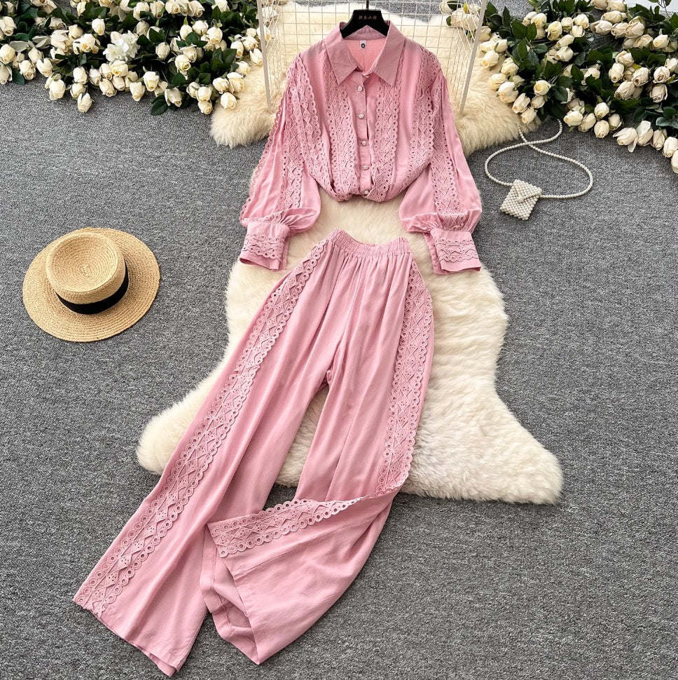 Lace Patchwork Shirt & Trousers 2Pcs