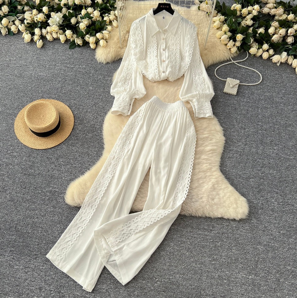 Lace Patchwork Shirt & Trousers 2Pcs