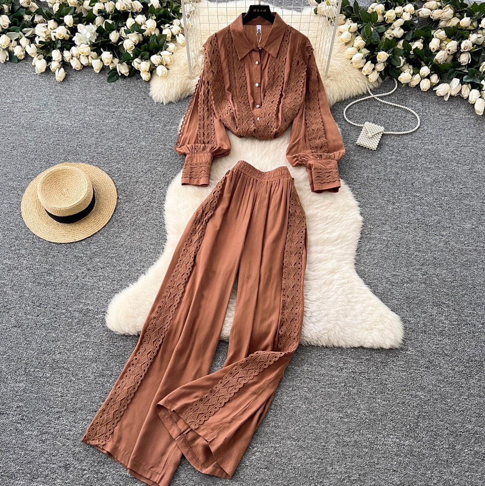 Lace Patchwork Shirt & Trousers 2Pcs