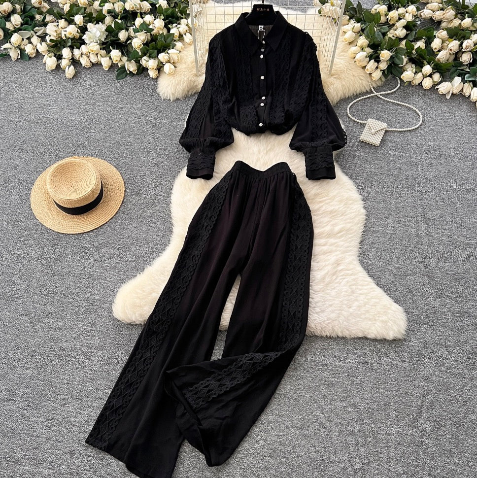 Lace Patchwork Shirt & Trousers 2Pcs