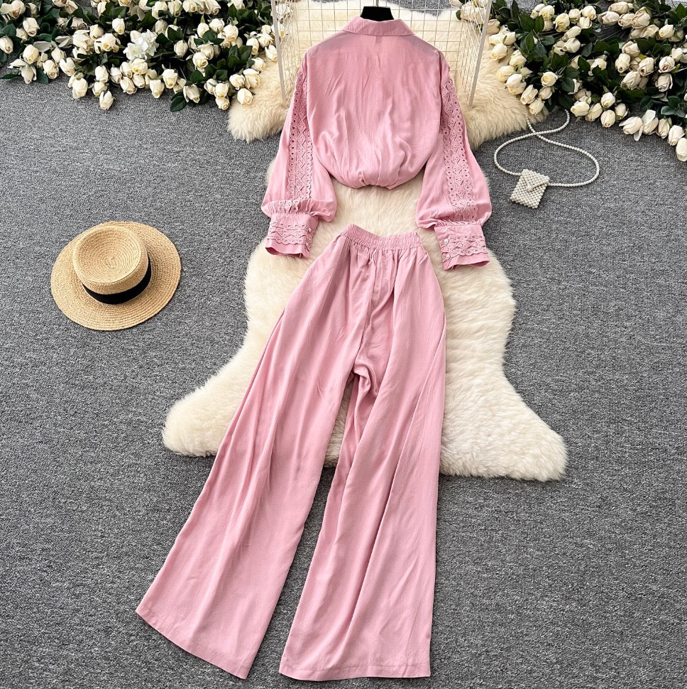 Lace Patchwork Shirt & Trousers 2Pcs