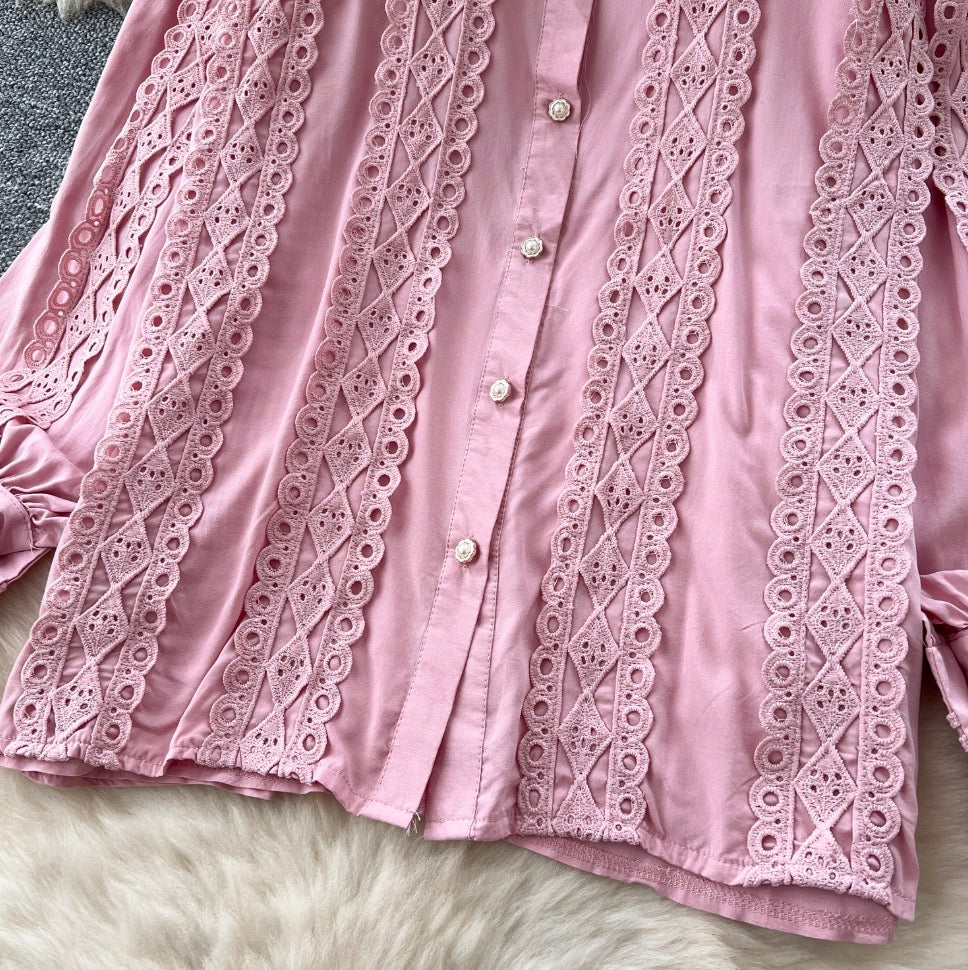 Lace Patchwork Shirt & Trousers 2Pcs
