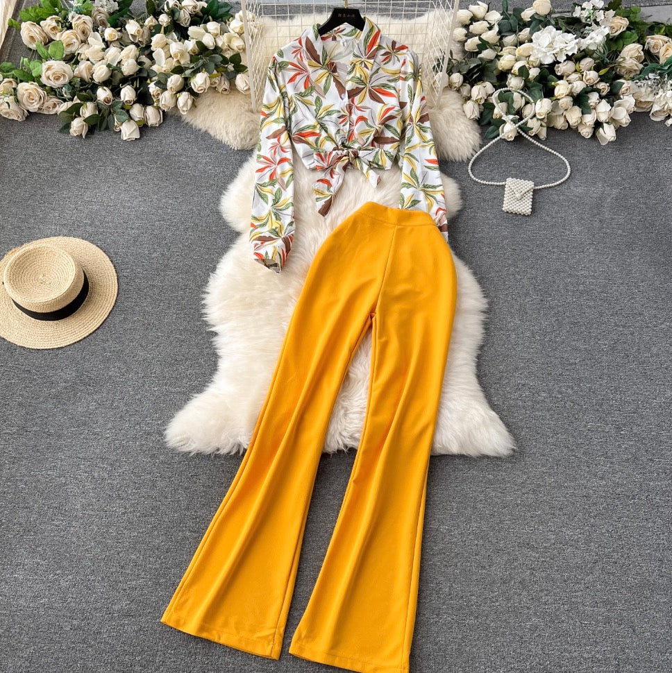 Printed Shirt & Flared Trousers 2Pcs