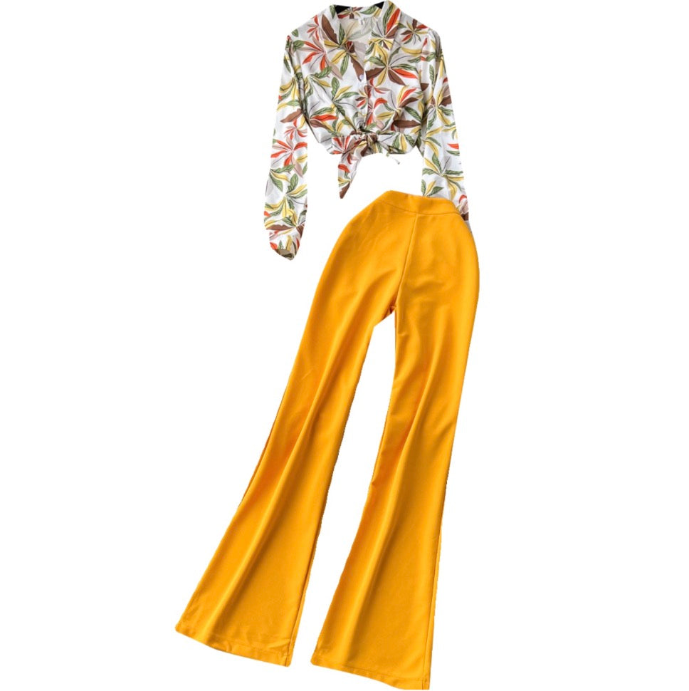 Printed Shirt & Flared Trousers 2Pcs