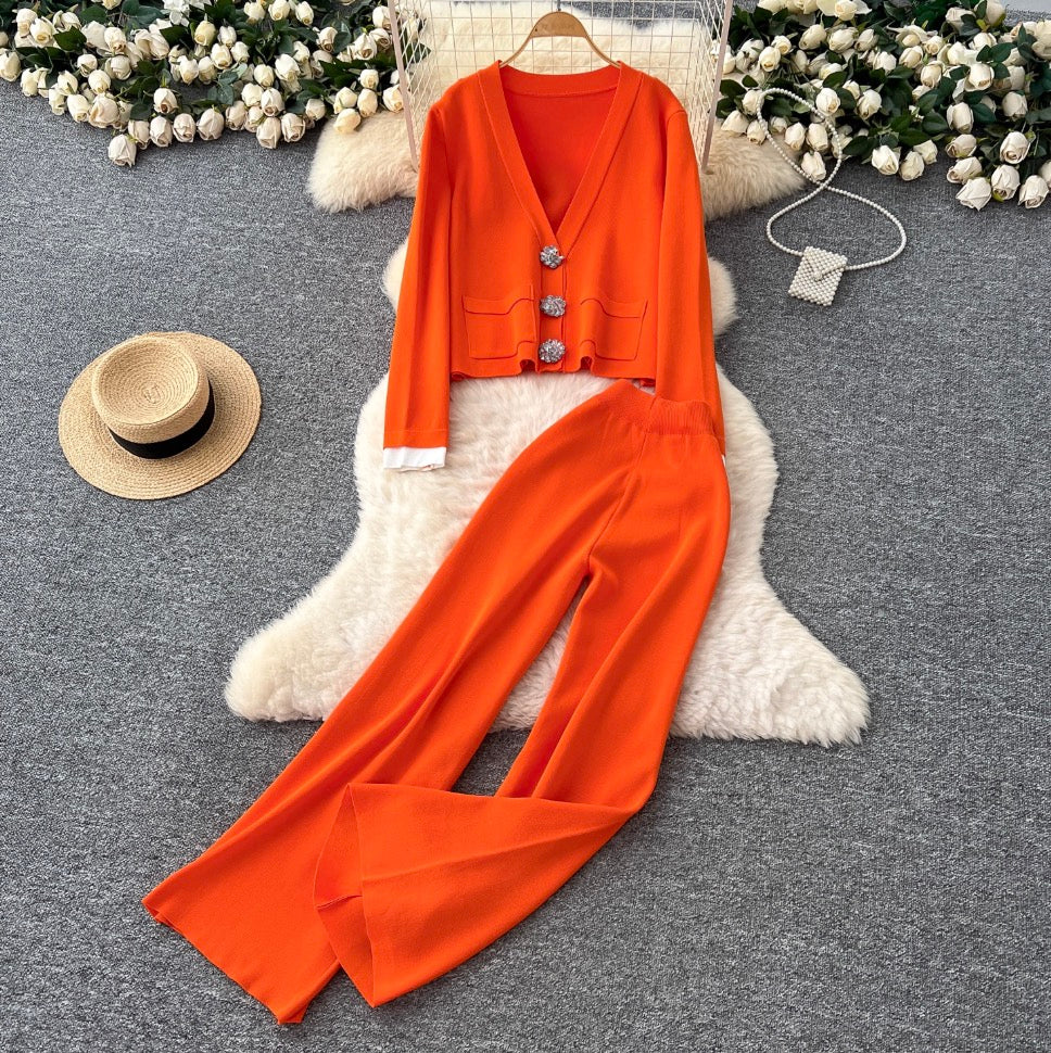 Color-blocking Cardigan & Trousers Knitted 2Pcs