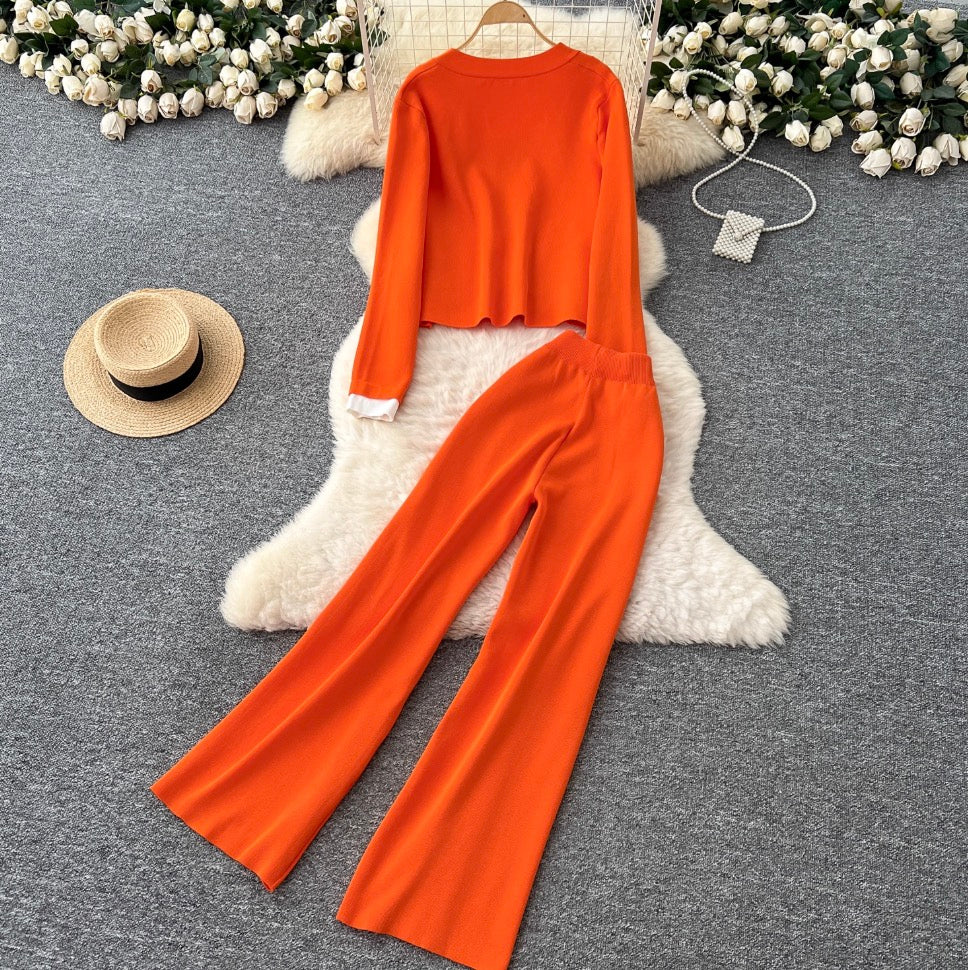 Color-blocking Cardigan & Trousers Knitted 2Pcs