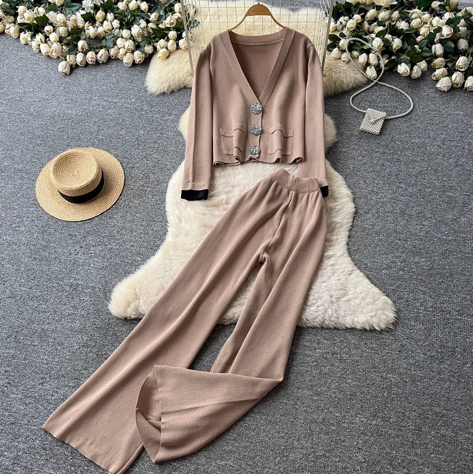 Color-blocking Cardigan & Trousers Knitted 2Pcs